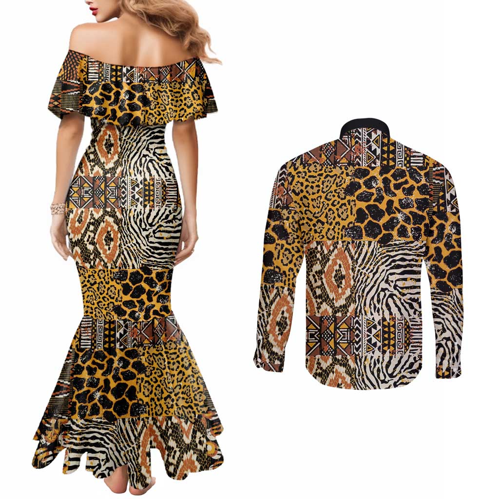 African Tribal Pattern With Wild Animal Skins Couples Matching Mermaid Dress and Long Sleeve Button Shirt