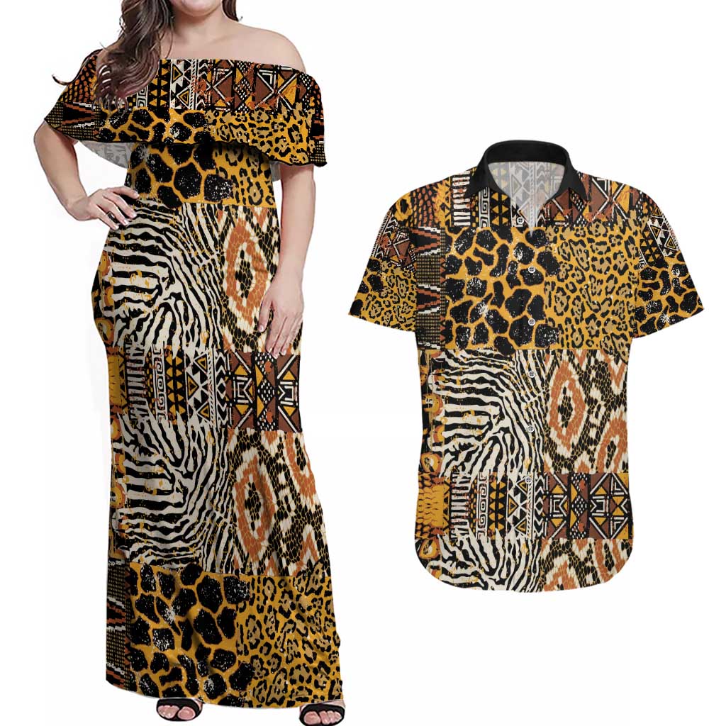 African Tribal Pattern With Wild Animal Skins Couples Matching Off Shoulder Maxi Dress and Hawaiian Shirt