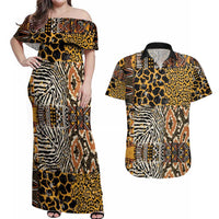 African Tribal Pattern With Wild Animal Skins Couples Matching Off Shoulder Maxi Dress and Hawaiian Shirt