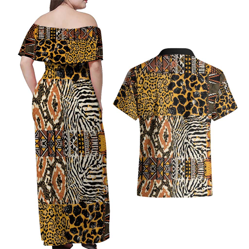 African Tribal Pattern With Wild Animal Skins Couples Matching Off Shoulder Maxi Dress and Hawaiian Shirt