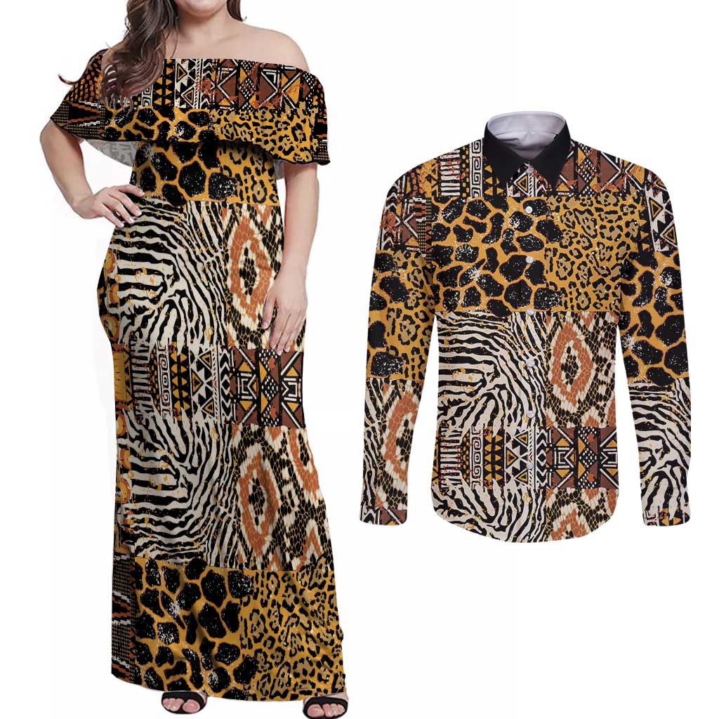 African Tribal Pattern With Wild Animal Skins Couples Matching Off Shoulder Maxi Dress and Long Sleeve Button Shirt