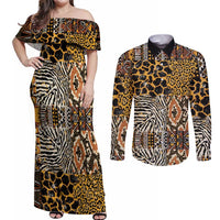 African Tribal Pattern With Wild Animal Skins Couples Matching Off Shoulder Maxi Dress and Long Sleeve Button Shirt