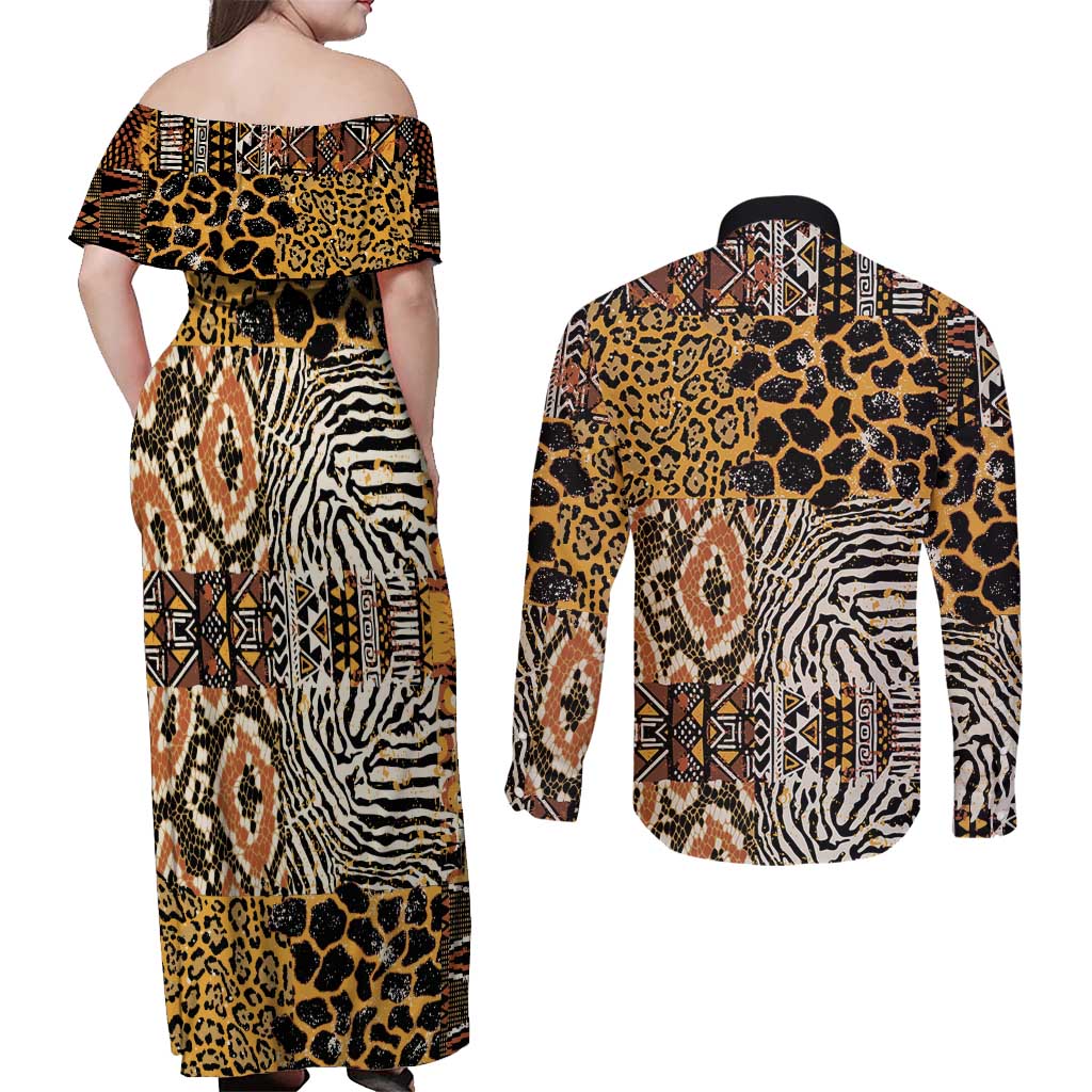 African Tribal Pattern With Wild Animal Skins Couples Matching Off Shoulder Maxi Dress and Long Sleeve Button Shirt