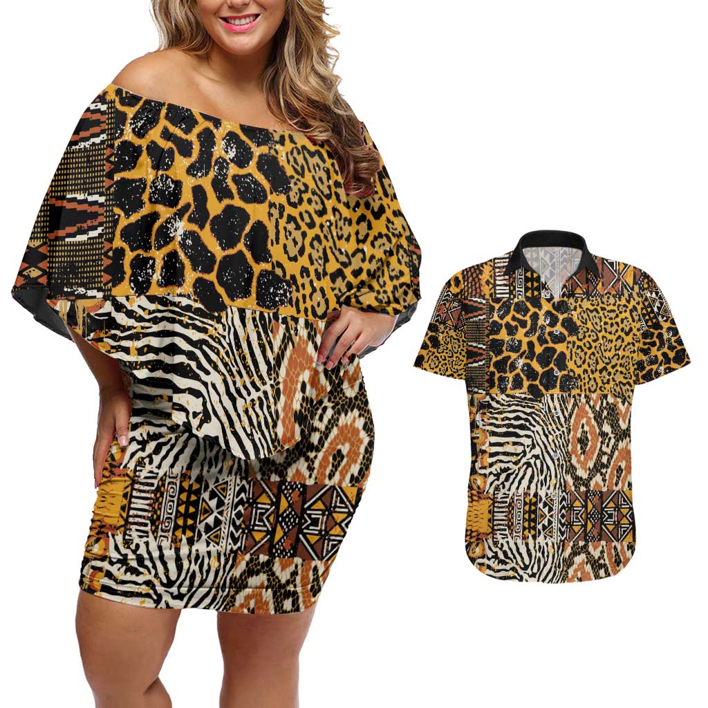 African Tribal Pattern With Wild Animal Skins Couples Matching Off Shoulder Short Dress and Hawaiian Shirt