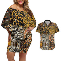 African Tribal Pattern With Wild Animal Skins Couples Matching Off Shoulder Short Dress and Hawaiian Shirt