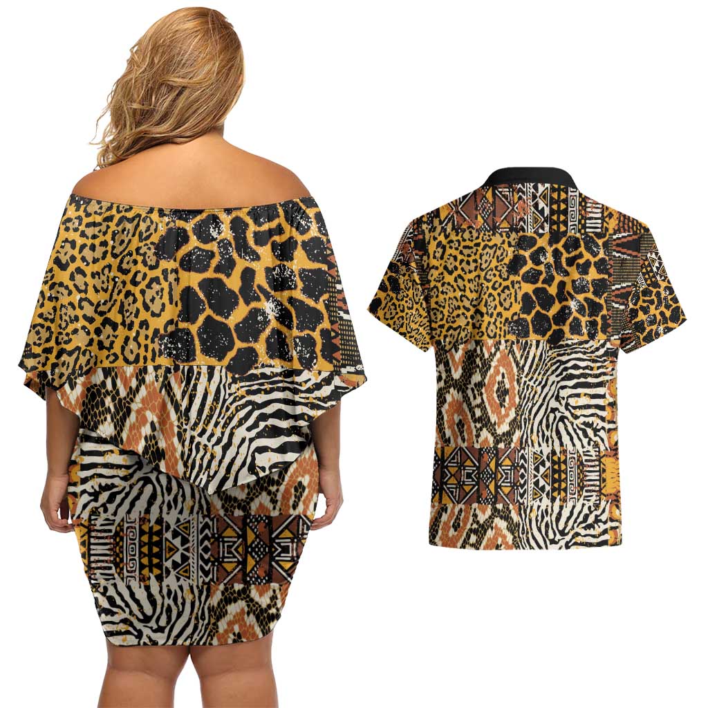 African Tribal Pattern With Wild Animal Skins Couples Matching Off Shoulder Short Dress and Hawaiian Shirt