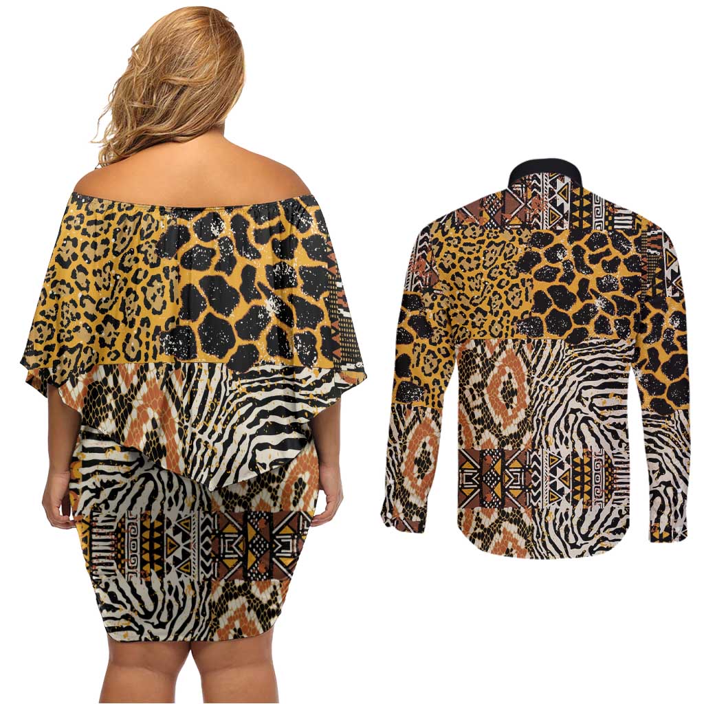 African Tribal Pattern With Wild Animal Skins Couples Matching Off Shoulder Short Dress and Long Sleeve Button Shirt