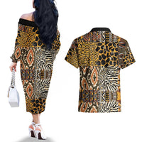 African Tribal Pattern With Wild Animal Skins Couples Matching Off The Shoulder Long Sleeve Dress and Hawaiian Shirt
