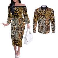 African Tribal Pattern With Wild Animal Skins Couples Matching Off The Shoulder Long Sleeve Dress and Long Sleeve Button Shirt
