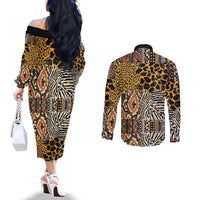 African Tribal Pattern With Wild Animal Skins Couples Matching Off The Shoulder Long Sleeve Dress and Long Sleeve Button Shirt