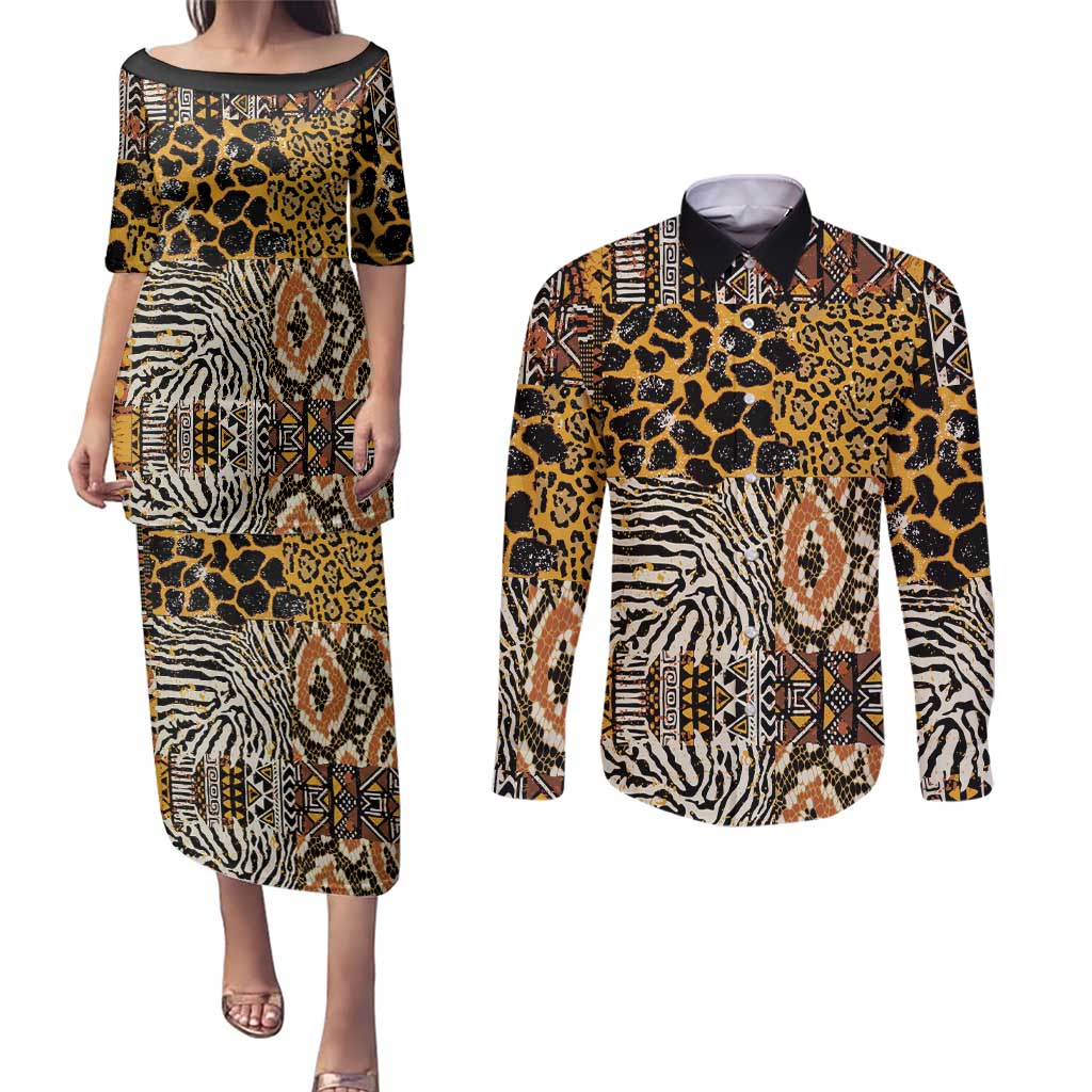African Tribal Pattern With Wild Animal Skins Couples Matching Puletasi and Long Sleeve Button Shirt
