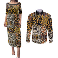 African Tribal Pattern With Wild Animal Skins Couples Matching Puletasi and Long Sleeve Button Shirt