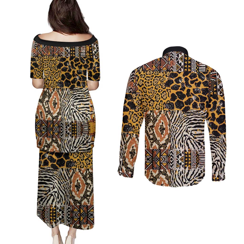 African Tribal Pattern With Wild Animal Skins Couples Matching Puletasi and Long Sleeve Button Shirt