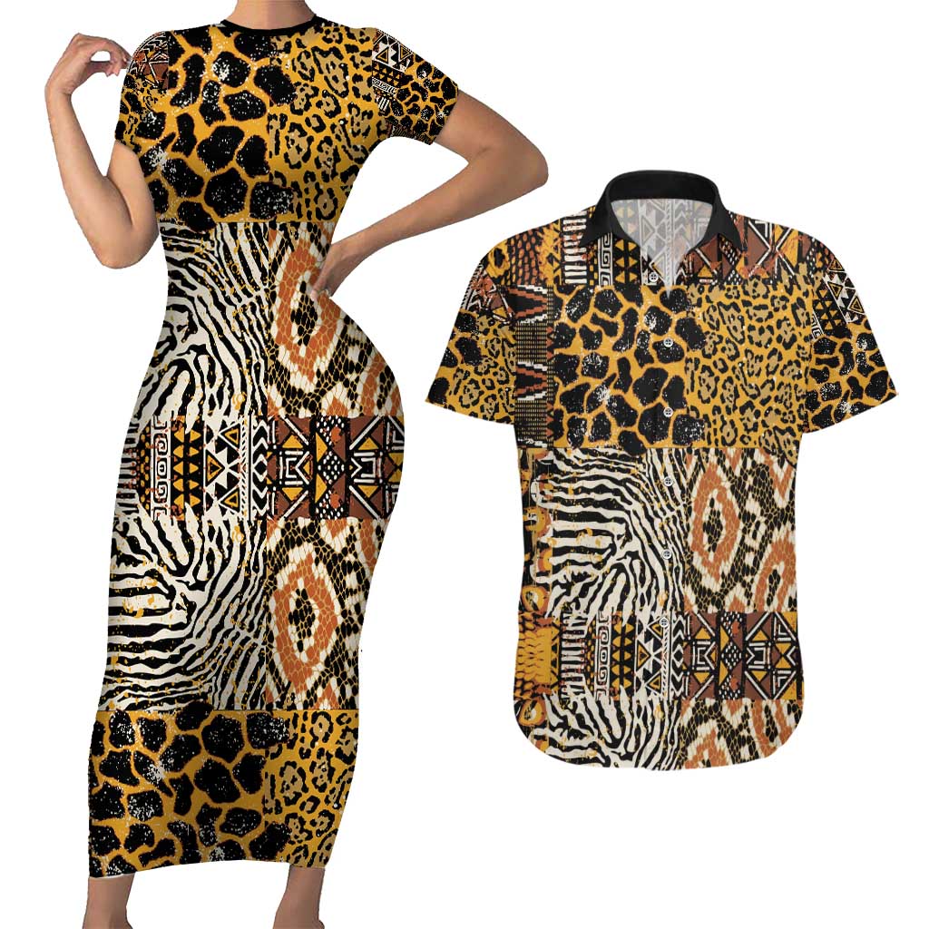 African Tribal Pattern With Wild Animal Skins Couples Matching Short Sleeve Bodycon Dress and Hawaiian Shirt