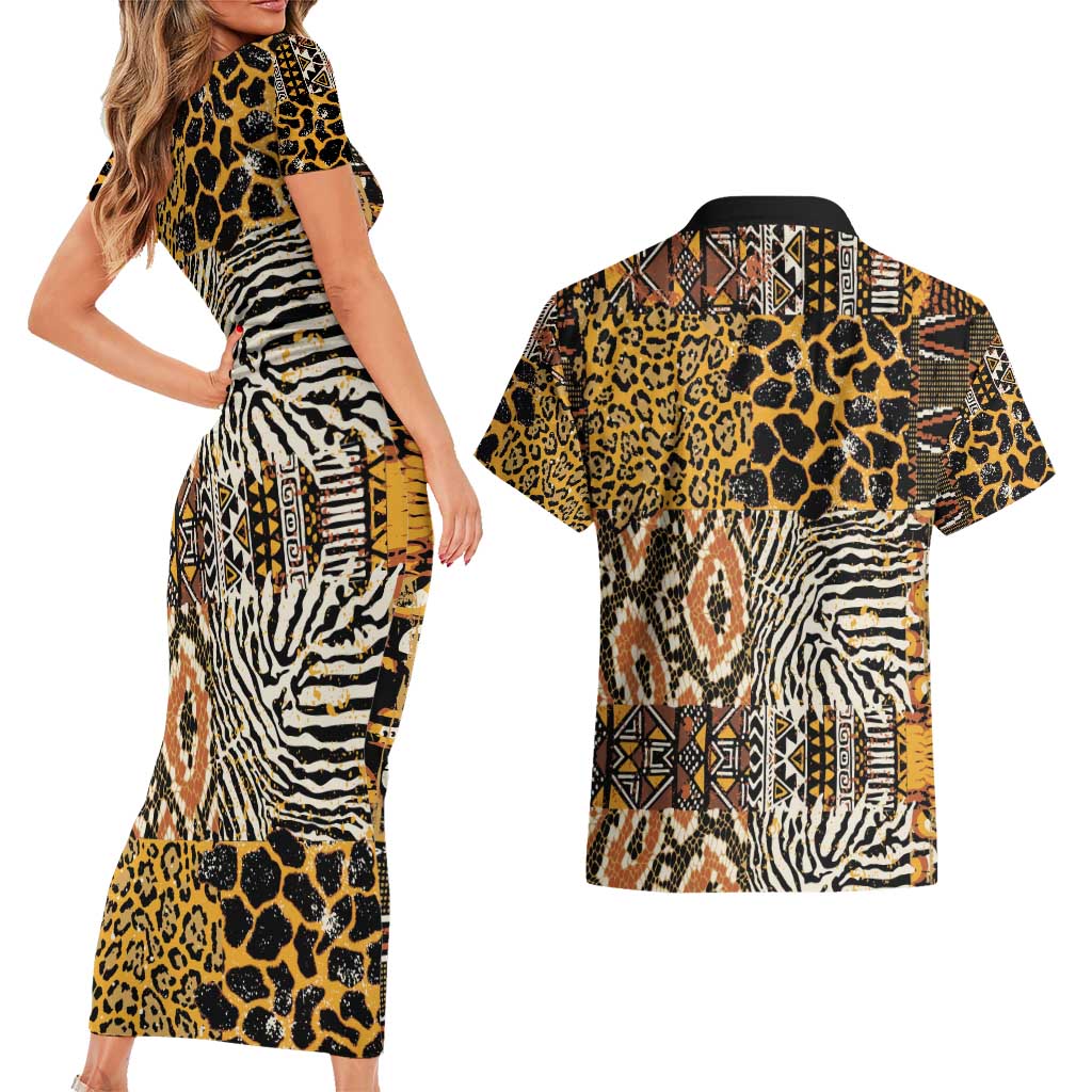 African Tribal Pattern With Wild Animal Skins Couples Matching Short Sleeve Bodycon Dress and Hawaiian Shirt