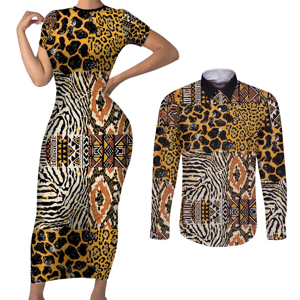 African Tribal Pattern With Wild Animal Skins Couples Matching Short Sleeve Bodycon Dress and Long Sleeve Button Shirt