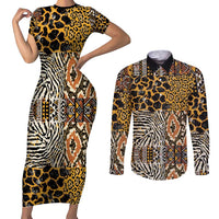 African Tribal Pattern With Wild Animal Skins Couples Matching Short Sleeve Bodycon Dress and Long Sleeve Button Shirt