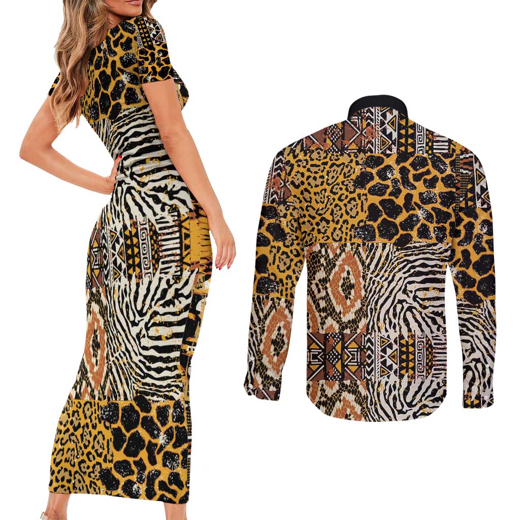 African Tribal Pattern With Wild Animal Skins Couples Matching Short Sleeve Bodycon Dress and Long Sleeve Button Shirt