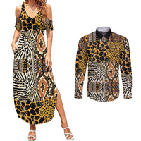 African Tribal Pattern With Wild Animal Skins Couples Matching Summer Maxi Dress and Long Sleeve Button Shirt
