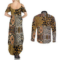 African Tribal Pattern With Wild Animal Skins Couples Matching Summer Maxi Dress and Long Sleeve Button Shirt