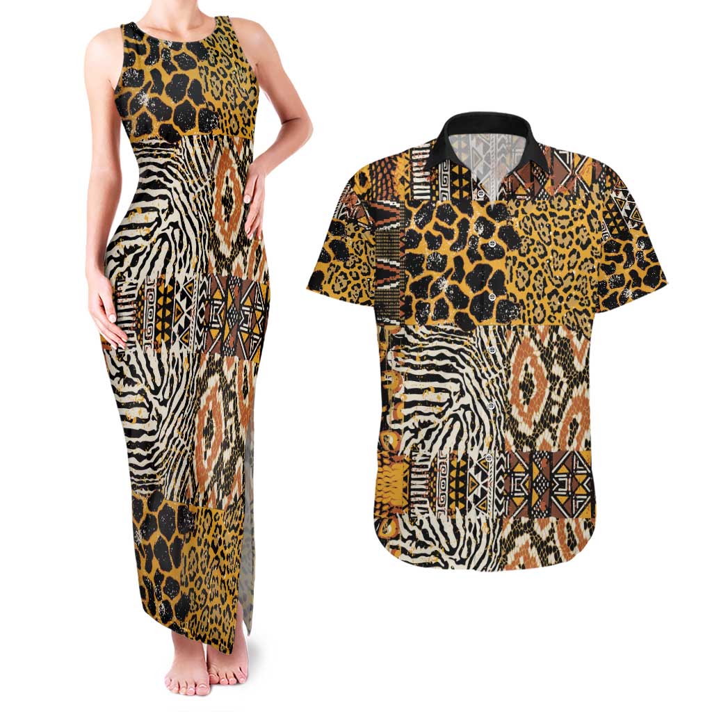 African Tribal Pattern With Wild Animal Skins Couples Matching Tank Maxi Dress and Hawaiian Shirt