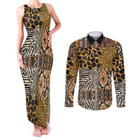 African Tribal Pattern With Wild Animal Skins Couples Matching Tank Maxi Dress and Long Sleeve Button Shirt