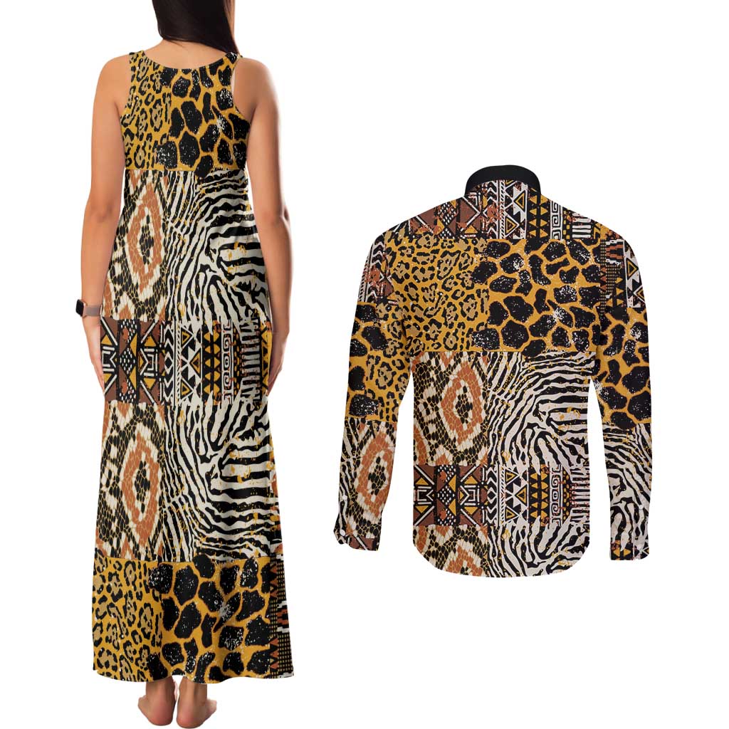 African Tribal Pattern With Wild Animal Skins Couples Matching Tank Maxi Dress and Long Sleeve Button Shirt