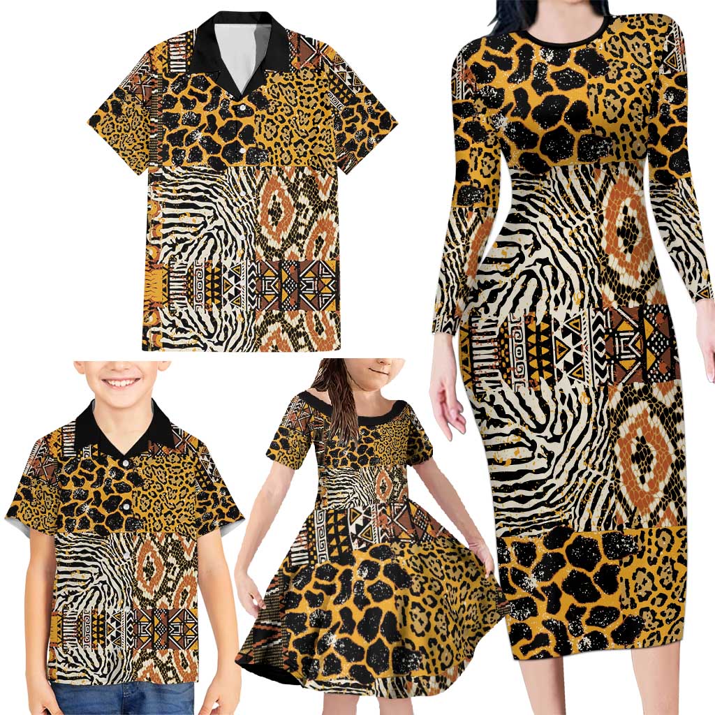 African Tribal Pattern With Wild Animal Skins Family Matching Long Sleeve Bodycon Dress and Hawaiian Shirt