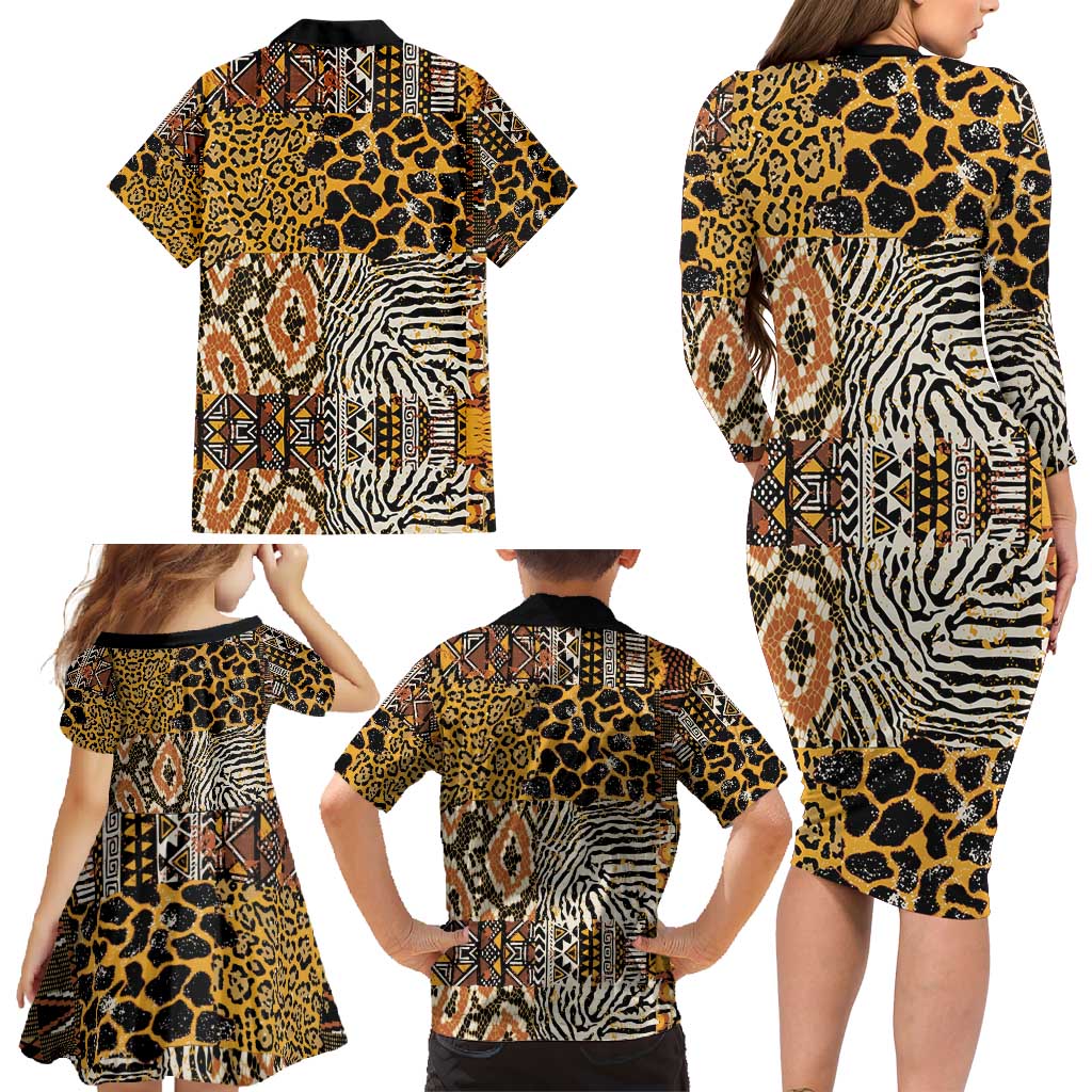 African Tribal Pattern With Wild Animal Skins Family Matching Long Sleeve Bodycon Dress and Hawaiian Shirt