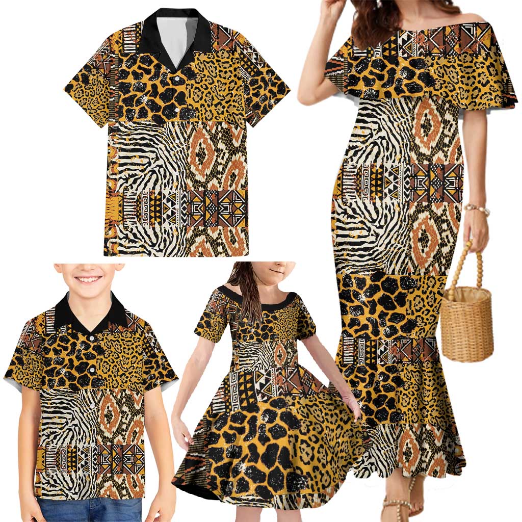 African Tribal Pattern With Wild Animal Skins Family Matching Mermaid Dress and Hawaiian Shirt