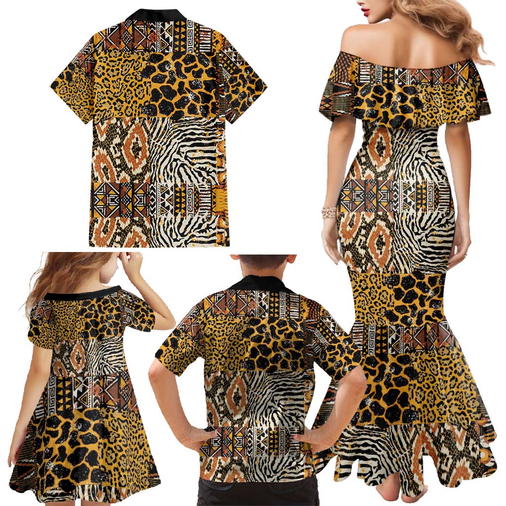 African Tribal Pattern With Wild Animal Skins Family Matching Mermaid Dress and Hawaiian Shirt
