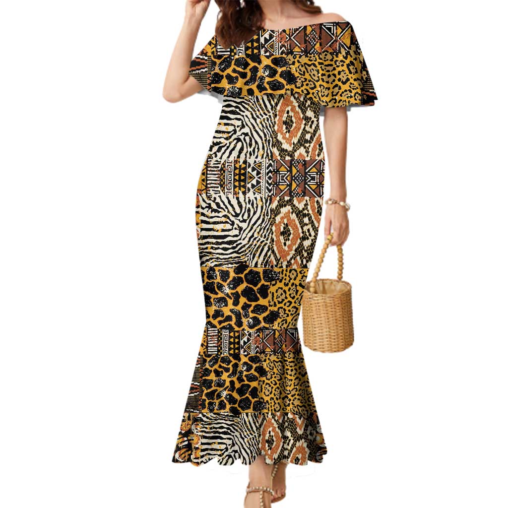 African Tribal Pattern With Wild Animal Skins Family Matching Mermaid Dress and Hawaiian Shirt