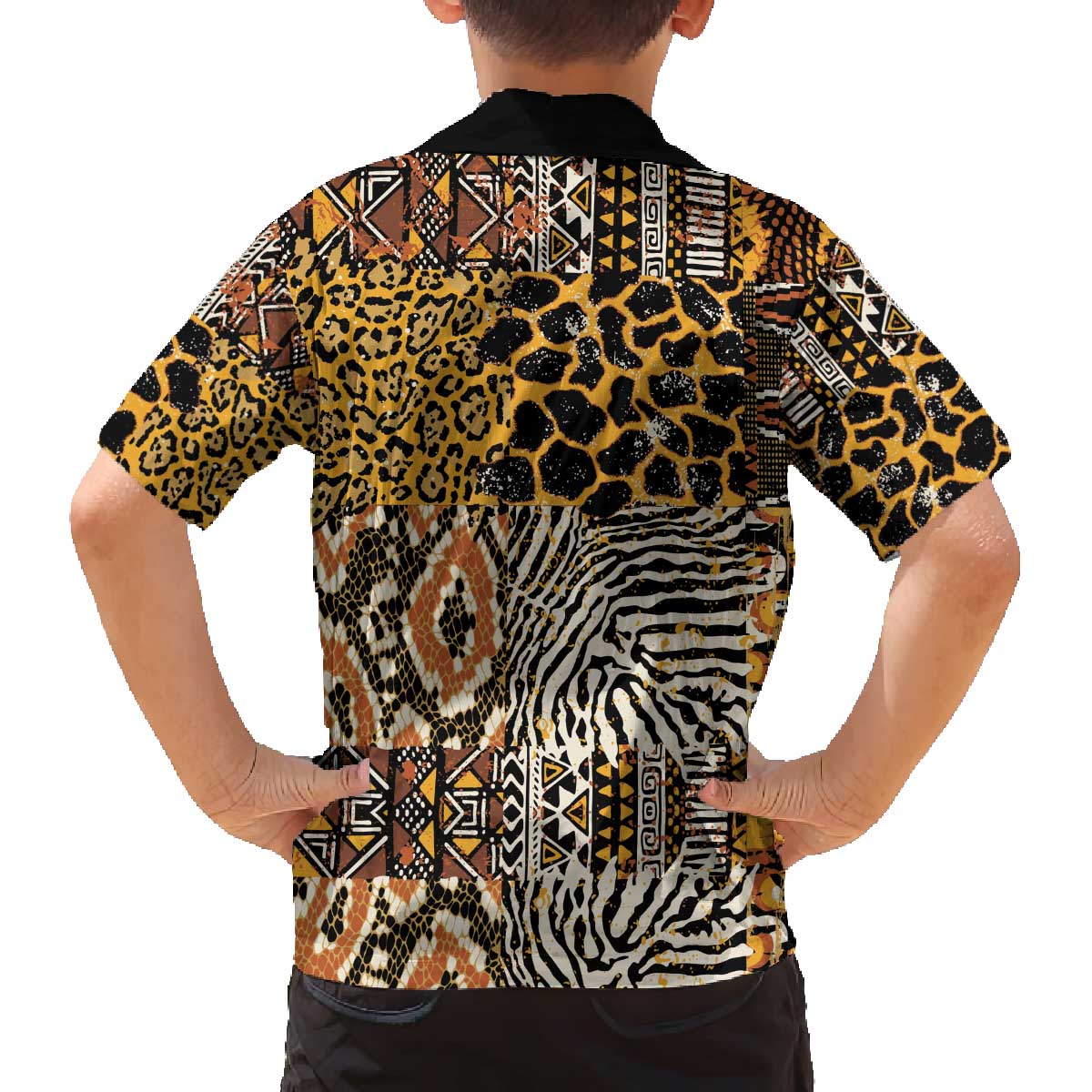 African Tribal Pattern With Wild Animal Skins Family Matching Off The Shoulder Long Sleeve Dress and Hawaiian Shirt