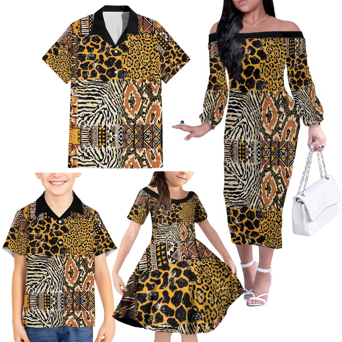 African Tribal Pattern With Wild Animal Skins Family Matching Off The Shoulder Long Sleeve Dress and Hawaiian Shirt