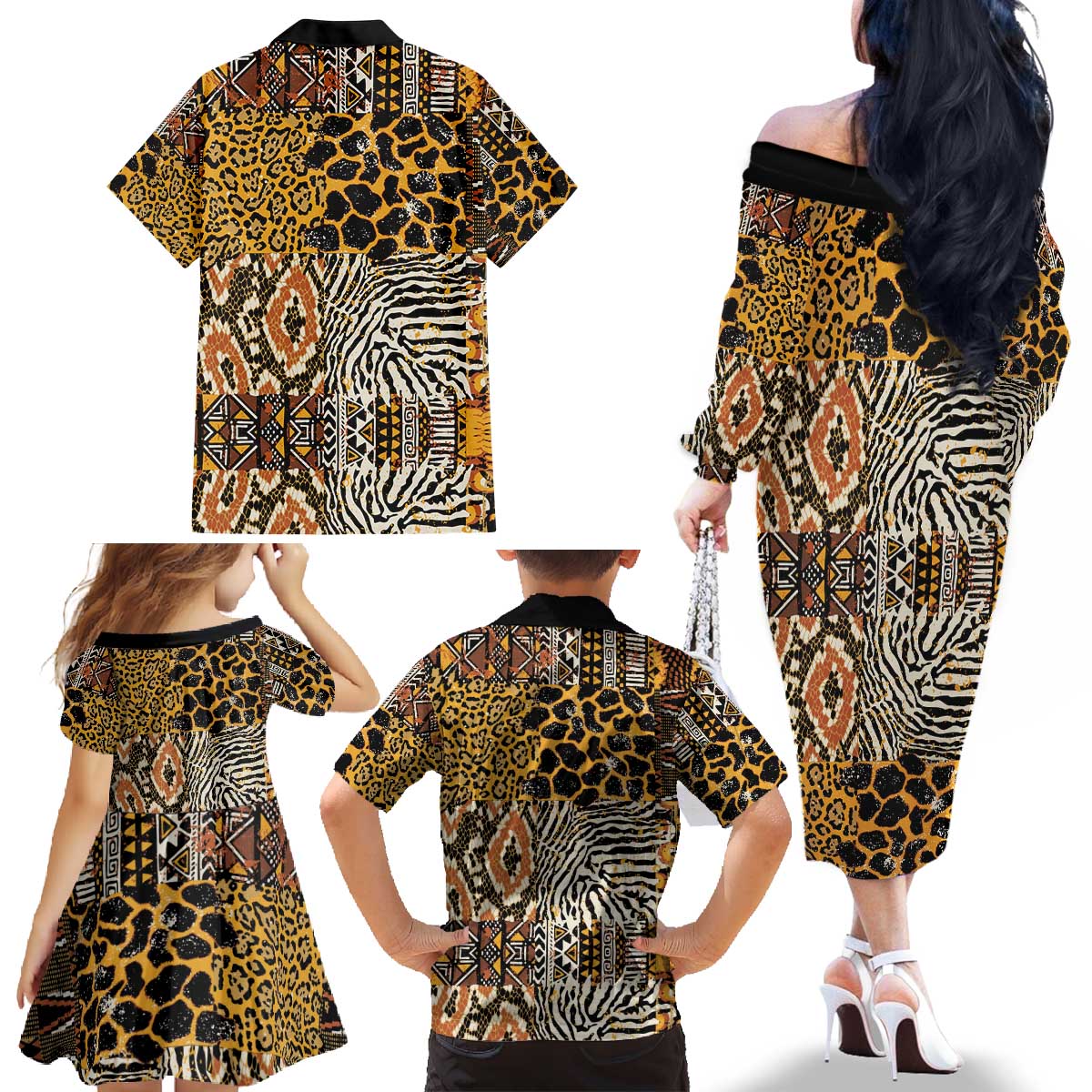 African Tribal Pattern With Wild Animal Skins Family Matching Off The Shoulder Long Sleeve Dress and Hawaiian Shirt