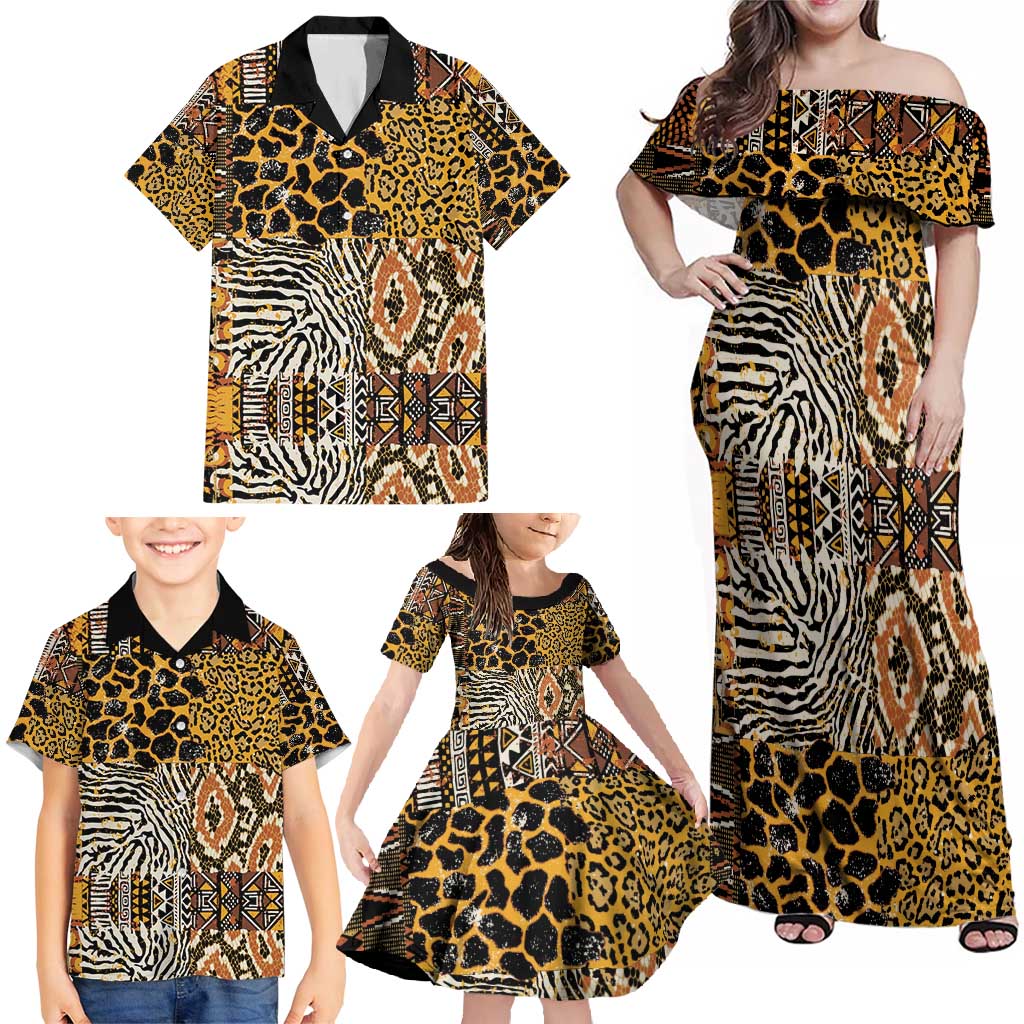 African Tribal Pattern With Wild Animal Skins Family Matching Off Shoulder Maxi Dress and Hawaiian Shirt