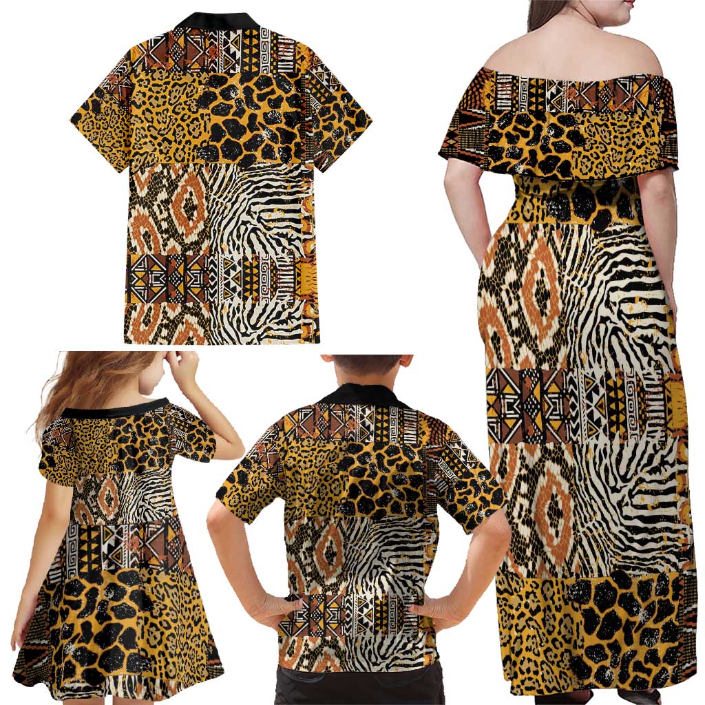 African Tribal Pattern With Wild Animal Skins Family Matching Off Shoulder Maxi Dress and Hawaiian Shirt