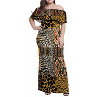 African Tribal Pattern With Wild Animal Skins Family Matching Off Shoulder Maxi Dress and Hawaiian Shirt