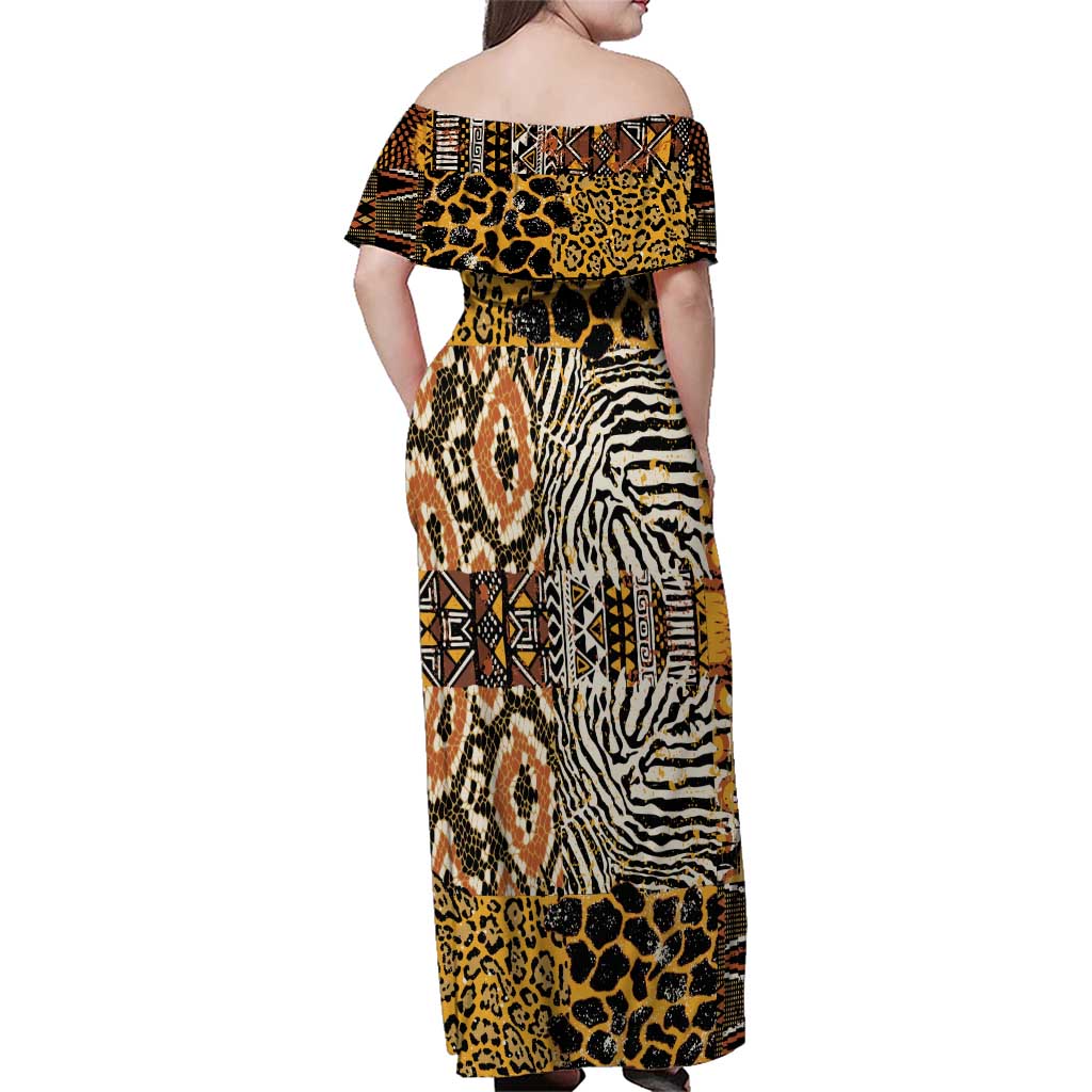 African Tribal Pattern With Wild Animal Skins Family Matching Off Shoulder Maxi Dress and Hawaiian Shirt