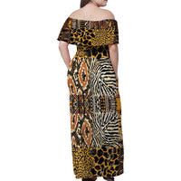 African Tribal Pattern With Wild Animal Skins Family Matching Off Shoulder Maxi Dress and Hawaiian Shirt