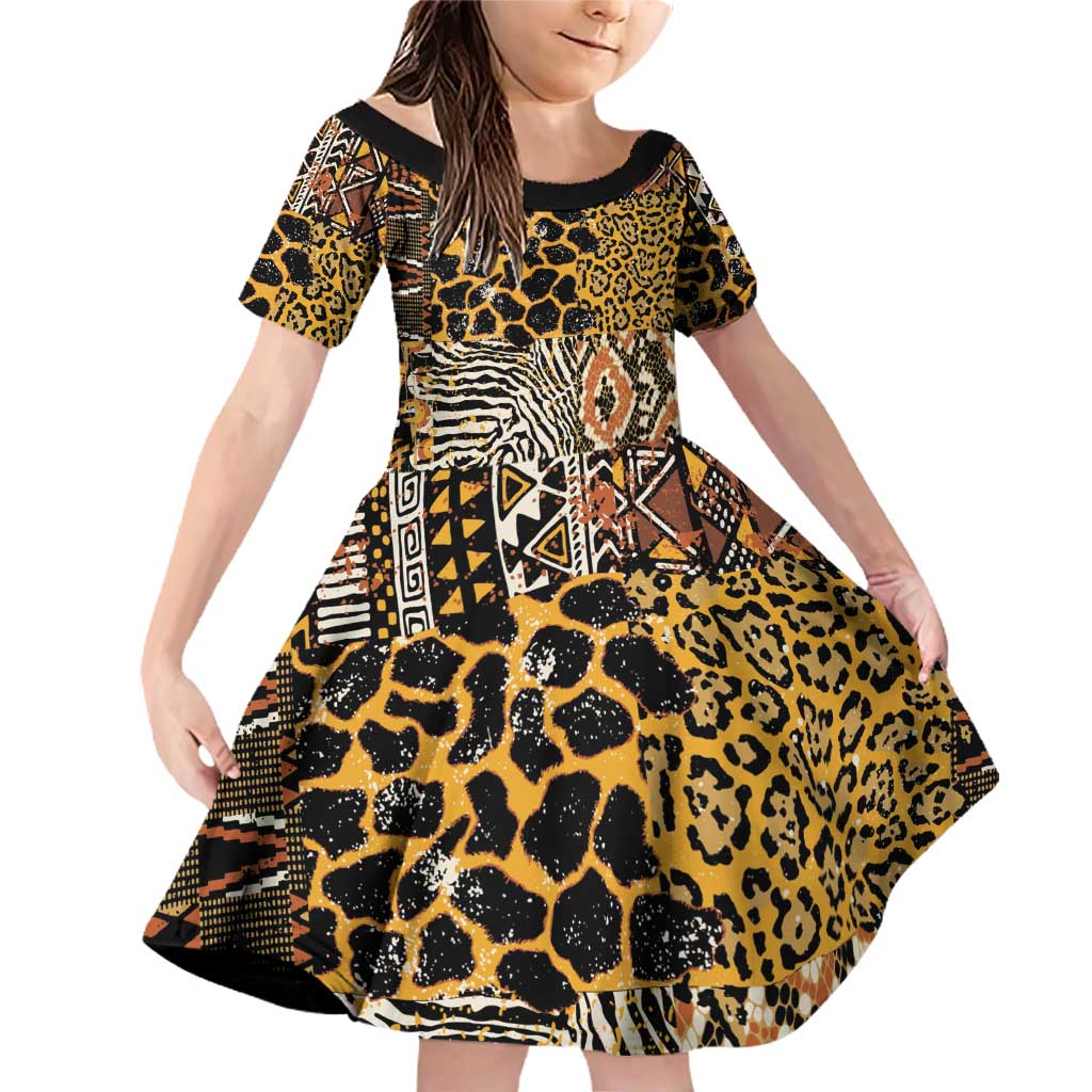 African Tribal Pattern With Wild Animal Skins Family Matching Off Shoulder Short Dress and Hawaiian Shirt