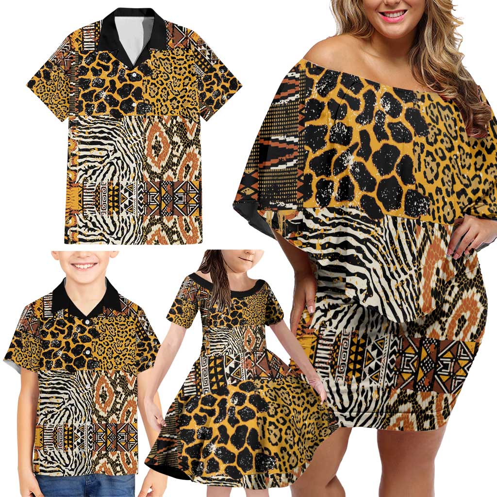 African Tribal Pattern With Wild Animal Skins Family Matching Off Shoulder Short Dress and Hawaiian Shirt