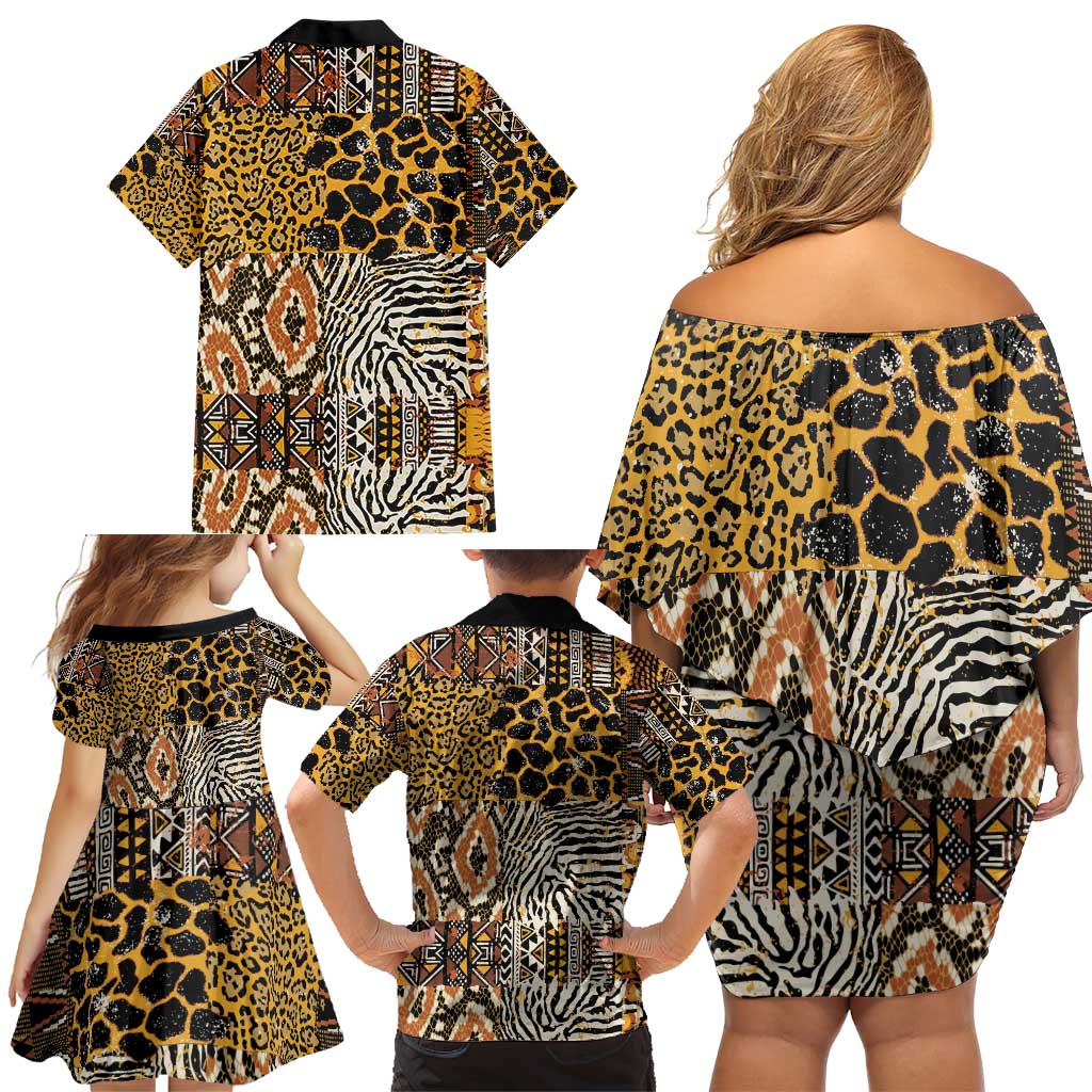 African Tribal Pattern With Wild Animal Skins Family Matching Off Shoulder Short Dress and Hawaiian Shirt