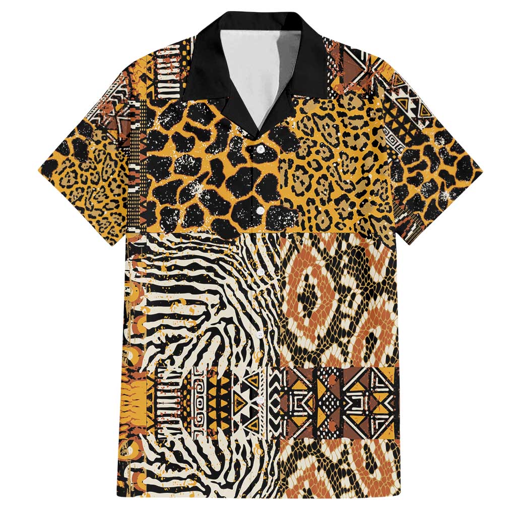 African Tribal Pattern With Wild Animal Skins Family Matching Off Shoulder Short Dress and Hawaiian Shirt