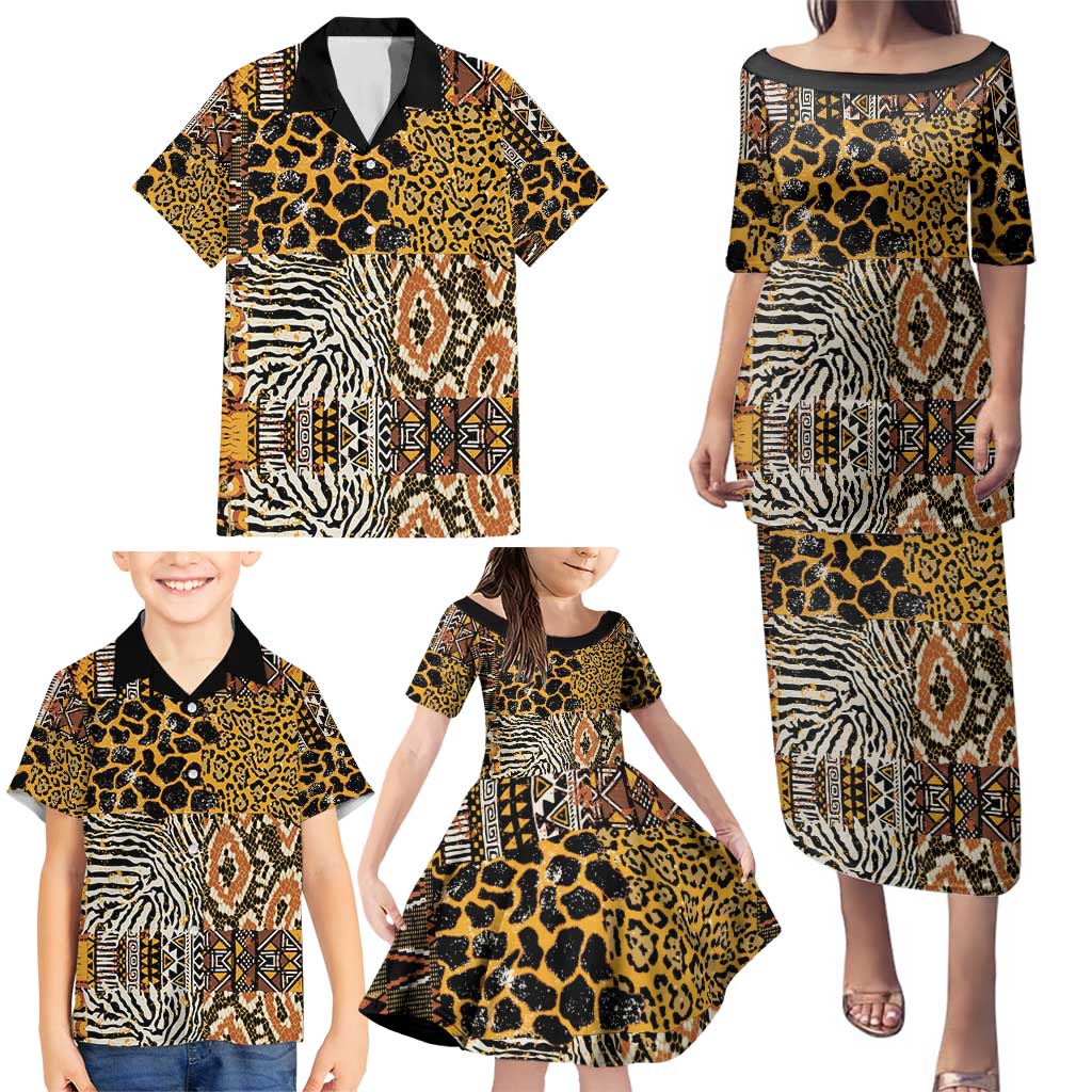 African Tribal Pattern With Wild Animal Skins Family Matching Puletasi and Hawaiian Shirt