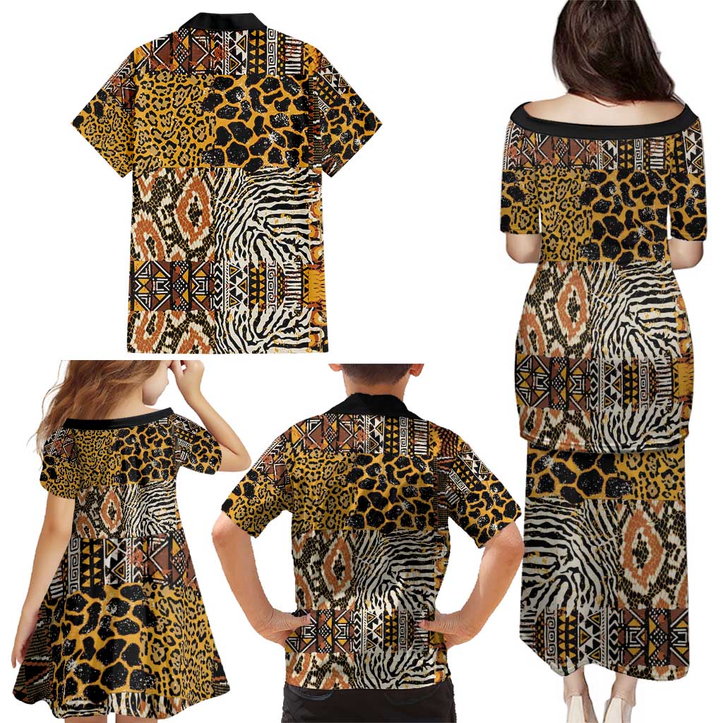 African Tribal Pattern With Wild Animal Skins Family Matching Puletasi and Hawaiian Shirt