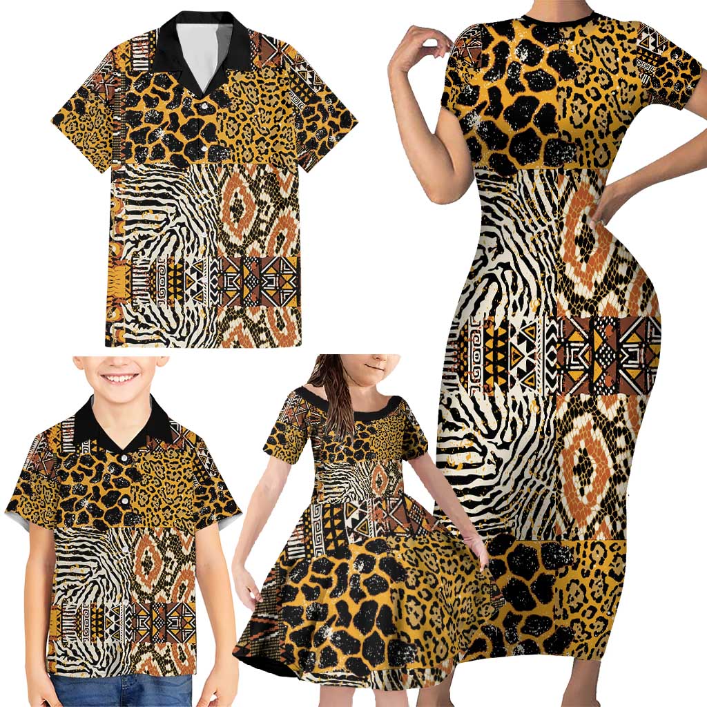 African Tribal Pattern With Wild Animal Skins Family Matching Short Sleeve Bodycon Dress and Hawaiian Shirt