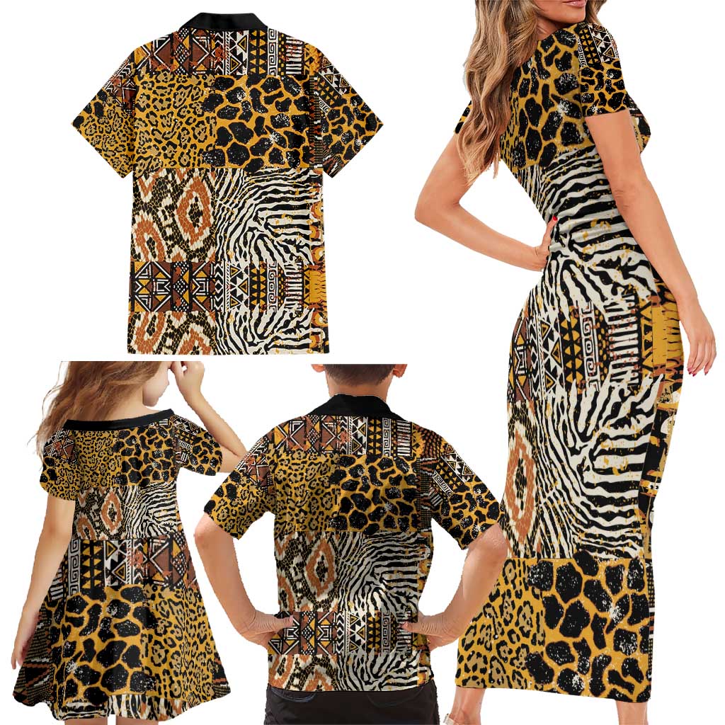 African Tribal Pattern With Wild Animal Skins Family Matching Short Sleeve Bodycon Dress and Hawaiian Shirt