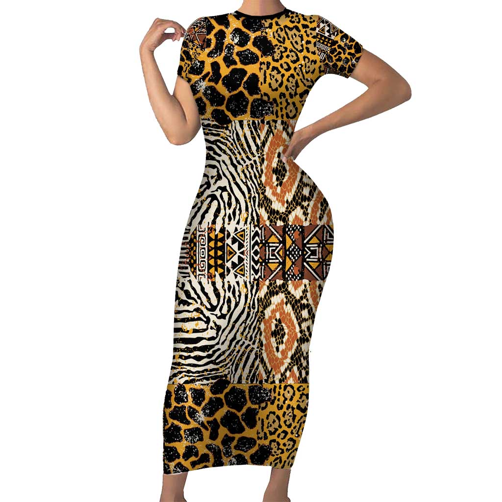 African Tribal Pattern With Wild Animal Skins Family Matching Short Sleeve Bodycon Dress and Hawaiian Shirt