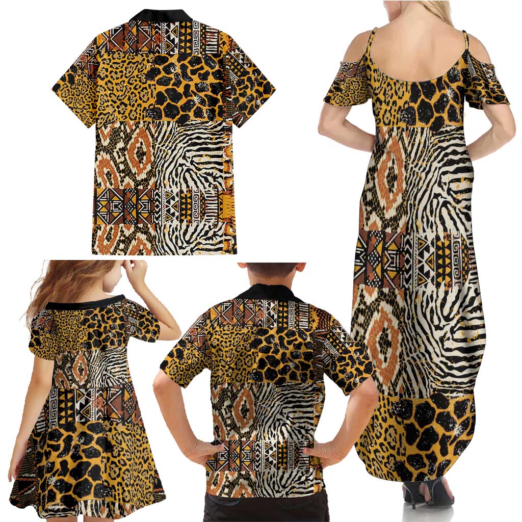 African Tribal Pattern With Wild Animal Skins Family Matching Summer Maxi Dress and Hawaiian Shirt